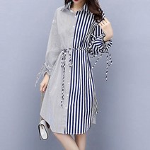 가바바 여성 빅사이즈 셔츠원피스 독특한 언발 스트라이프 벌룬소매 카라넥 롱원피스 G53916 + 상품권 무료 증정