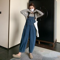 ANYOU 여성 캐주얼 심플 데님점프수트 루즈핏 클래식 멜빵 바지