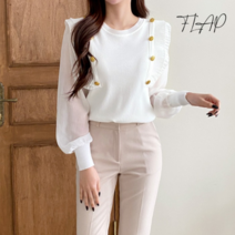 플랩 플랩 양버튼 프릴 니트