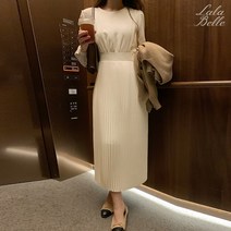 라라벨 여성용 원피스 로스크 라운드 플리츠 주름 스트랩 리본 롱 원피스