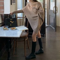 코지 여자 우아한 터틀넥 판초 숄 사선 컷팅 니트