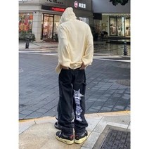 남자 와이드 진 남성 연 청바지 Y2K 레트로 하이 스트리트 힙합 바이브 블랙 남성과 여성 넉넉한 프린트 걸레질 바지 캐주얼 ins tide 브랜드