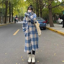 ANKRIC 따뜻한코트 가을 겨울 프랑스 복고풍 작은 격자 무늬 포켓 코트 여성 느슨한 긴 격자 울 코트
