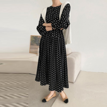 NewCare여성 롱 원피스 셔링 도트 플리츠 원피스