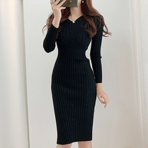 [당일배송] Tamina 니트 원피스 롱 빈티지 프렌치 브이넥 추동 슬림 슬림 스커트