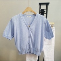 상상그이상 여성용 촉감왕 린넨 반팔 브이넥 미니 니트 가디건