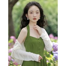 여성 봄여름 빈티지 홀터 그린 나시 원피스+화이트 가디건