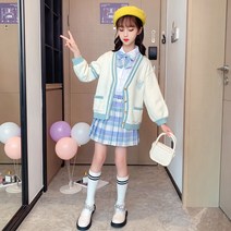 FANSYLI 여아 유니폼 키즈 스쿨룩 주니어 플리츠 셔츠 정장 세트 여아 카디건 스웨터 3종 세트 1896호 6F