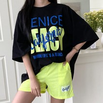 베니 레터링 반바지 세트 빅사이즈 오버핏 롱티 상하의세트 여름세트