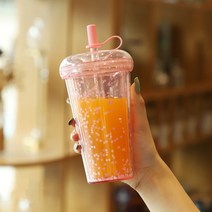 420ml Ins 버블 티 컵 반짝이 물병 이중 레이어 휴대용 텀블러 빨대 플라스틱 커피 뚜껑 누수 방지 컵, 04 Pink_02 420ml