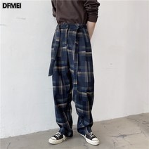 DFMEI 레트로 캐주얼 바지 남성 느슨한 스트레이트 봄과 가을 체크 무늬 바지 유행 와이드 레그 바지