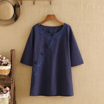 여성 빅사이즈니트 예쁜 니트티 플러스 사이즈 t 셔츠 용 o-neck natural cotton and linen chinese wind element 자수 패턴 short