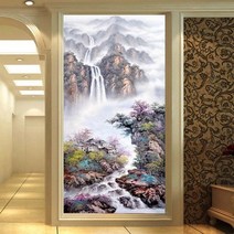 물이 흐르는 대형 폭포 산수화 보석십자수 동양화 큐빅십자수, 60X110CM