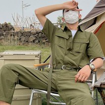 오버롤 반팔 점프수트 남여공용 캐주얼 작업복 벨트