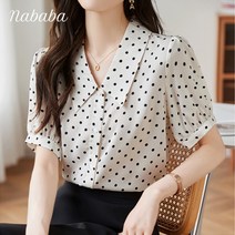 나바바 NB1383 여성 러블리 도트 패턴 카라 반팔 블라우스