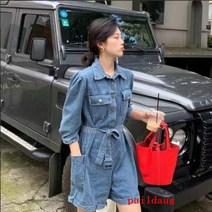 puildaug 봄과 가을 겨 툴링 데님 점프 수트 여성의 느슨한 높은 허리 9 스트레이트 바지