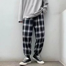 대형 가을과 여름 복고풍 격자 무늬 졸라 매는 끈 바지 남성용 느슨한 스트레이트 와이드 레그 캐주얼 바지