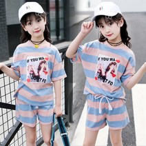 베비포 여아용 파스텔 줄무늬 반팔티 상하복 세트