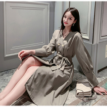 준이보따리 여성 트렌치 롱코트 벨트 봄 가을 사파리