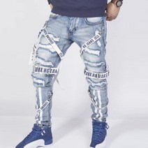 고급남성청바지 남성 청바지 여름 루스 바지 2021 trendy street 남성 코 로케이션 디자인 가을 스트레이트 바지 찢어진 오토바이 보이 바지