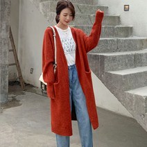 여성 니트 롱 가디건 루즈핏 포켓 노카라 스웨터 코트 카디건 무릎길이 재킷