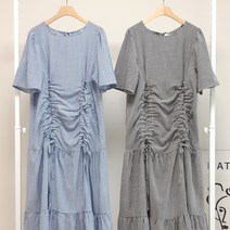 여름 썸머 체크패턴 반소매 스트링 주름 드레시 캉캉 롱 원피스