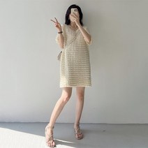 MOSAIRATION 여성 와플 벌룬 원피스 반팔 미디 원피스 일자핏 SFW0605008