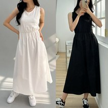 레이어드 민소매원피스)레이어드용원피스 허리밴딩원피스 민소매롱원피스 끈원피스 면원피스 블랙 검정색 아이보리 맥시원피스