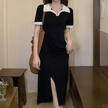 카라 배색 원피스 사이드슬릿 신축성 허리셔링 데일리