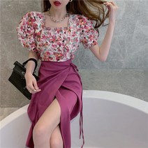 2021 스퀘어 넥 큐빅 퍼프 소매 플라워 톱 끈 스트랩 1 짧은스커트 스판 팬츠 여름스커트 데이트룩 캐쥬얼