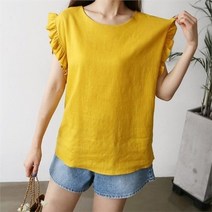 셀러허브 패션 여성 6컬러 무지 린넨 캡소매 러플 블라우스