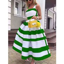 여성용 오프숄더 롱 파티 드레스 스트라이프 프린트 민소매 세련된 A 라인 서스펜더 비치 여름 패션, 04 Green+S