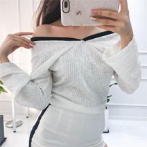 여자 오프숄더 골지 배색 라인 긴팔 티셔츠