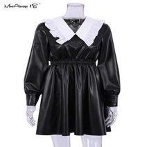 돌잔치맘원피스 돌엄마원피스 돌엄마드레스 패치 워크 여성 가죽 드레스 피터팬 칼라 하이 웨이스트 봄 우아한 숙녀 블랙 프릴