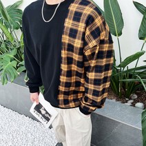 체크 절개 오버핏 가을 맨투맨 커플시밀러룩 2color