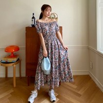 퍼니걸스 6456 오프 숄더 플라워 쉬폰 A라인 밴딩 롱 원피스 여성의류