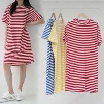 뒤 트임 라운드 네크라인 스트라이프 반팔 기본 일자 베이직 데일리 면 원피스 잠옷 반팔 여름 홈 원피스