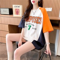 여름반팔티 멜란 디자인감각 이니셜 t셔츠 여성 와이드 루즈핏 오버핏 풍구냄새 커프스 상의 4706517103, 화이트 오렌지색 2XL