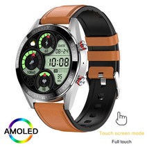 454454 amoled screen smart watch는 항상 시간을 표시합니다. 블루투스 통화 로컬 음악 smartwatch for men android tws 이어폰, 가죽 브라운