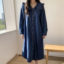 퍼니걸스 5391 빅카라 프릴 데님 청 롱 원피스 여성의류