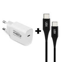 [UBX] 25w 초고속 충전기+우븐 패브릭 C to C 60w 초고속 충전 케이블 세트, 화이트, 블랙 2.4m