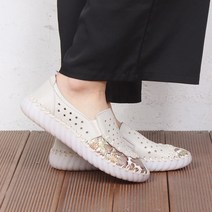 천연가죽 JHJGJ 별 펀칭 슬립온 여성 로퍼 단화 플라워 프린팅 핸드스티치 수제화