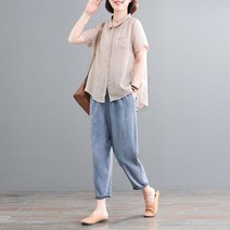 여성 투피스 면 린넨 셔츠 데님 바지 상하 세트 중년 여자 엄마옷 봄 여름 코디 40대 50대 60대 루즈핏