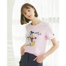 21FW [HAZZYS x Donald duck] 핑크 프린트배색 면 반팔티셔츠 HSTS1D773P1