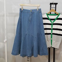 상상그이상 여성용 사선프릴 청스커트 날씬해 보이는 절개 포인트 편안한 뒷밴딩 A라인 면 데님스커트 가성비 좋은 간절기 나들이룩