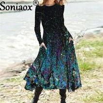 만삭 촬영 원피스 드레스 우아하고 빈티지 보헤미안 그라데이션 프린트 미디 롱 여성용 하이 웨스트 포켓 긴 소매 a 라인 스트리트 5