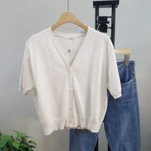 상상그이상 여성용 촉감왕 린넨 반팔 브이넥 미니 니트 가디건