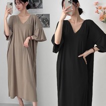 오브치치 여성 여름 링클프리 빅사이즈 프릴 7부 소매 브이넥 롱 원피스 찰랑 시원한 캐주얼 주름 플리츠 원피스 홈웨어 임부복 가능