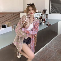 퐁순싸롱 오버핏 롱 셔츠 꽃무늬 퍼프 핑크 쉬폰 블라우스 YJ