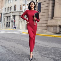 여성 맥시 니트 원피스 블랙 스웨터 롱 스커트 가 겨울 연예인 스타일 슬림 피트 백